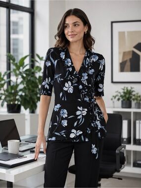 The Limited Wrap Blouse with Pale Blue Floral Print